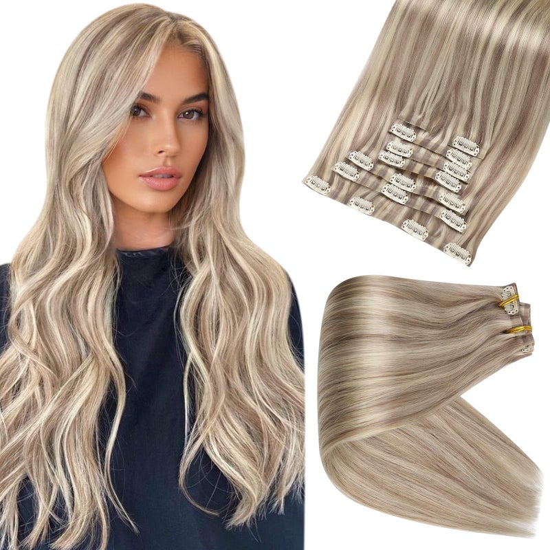 Full Shine Hair Extensions Real Human Hair Clip ins Blonde Hair Extensions Highlight Seamless Clip in Human Hair Extension PU Skin Weft Add Volume 18 Inch 8 PCS 120 Grams - Image 1