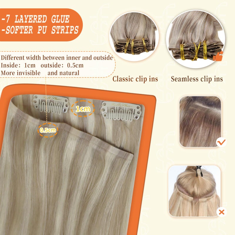 Full Shine Hair Extensions Real Human Hair Clip ins Blonde Hair Extensions Highlight Seamless Clip in Human Hair Extension PU Skin Weft Add Volume 18 Inch 8 PCS 120 Grams - Image 4