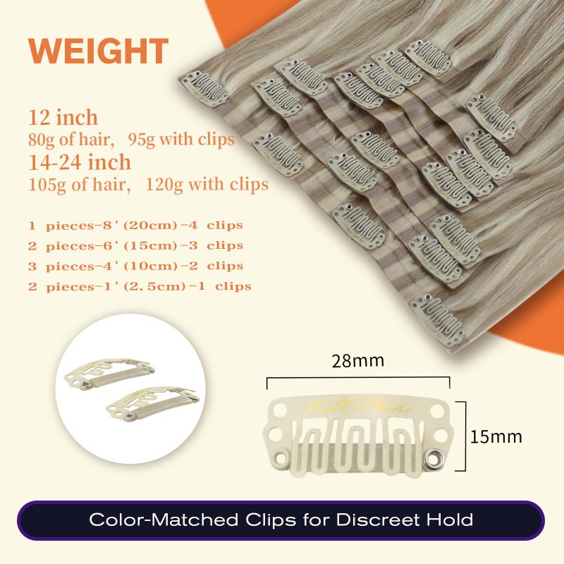 Full Shine Hair Extensions Real Human Hair Clip ins Blonde Hair Extensions Highlight Seamless Clip in Human Hair Extension PU Skin Weft Add Volume 18 Inch 8 PCS 120 Grams - Image 3