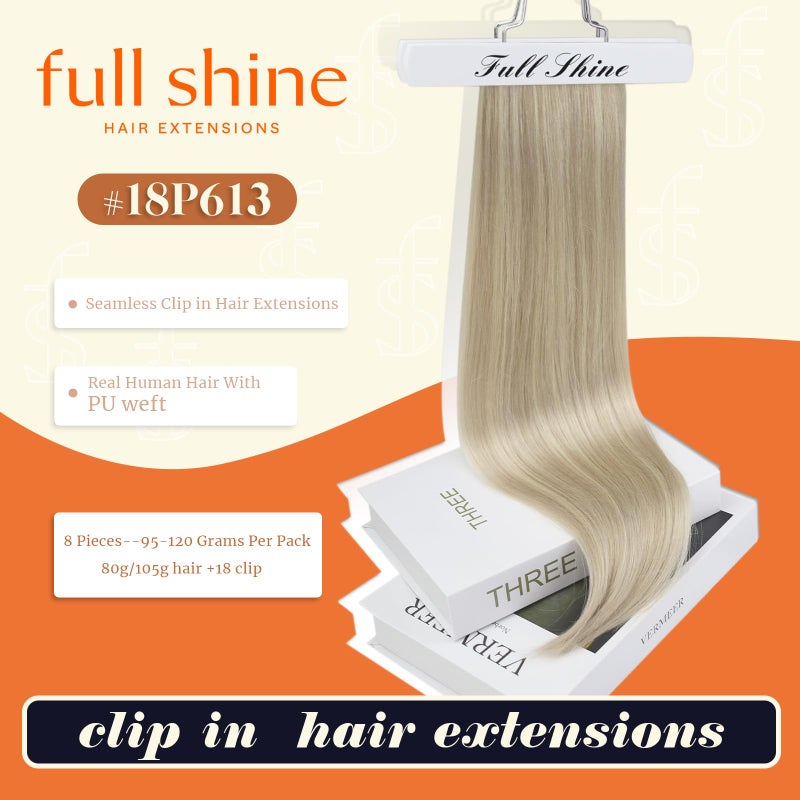 Full Shine Hair Extensions Real Human Hair Clip ins Blonde Hair Extensions Highlight Seamless Clip in Human Hair Extension PU Skin Weft Add Volume 18 Inch 8 PCS 120 Grams - Image 2