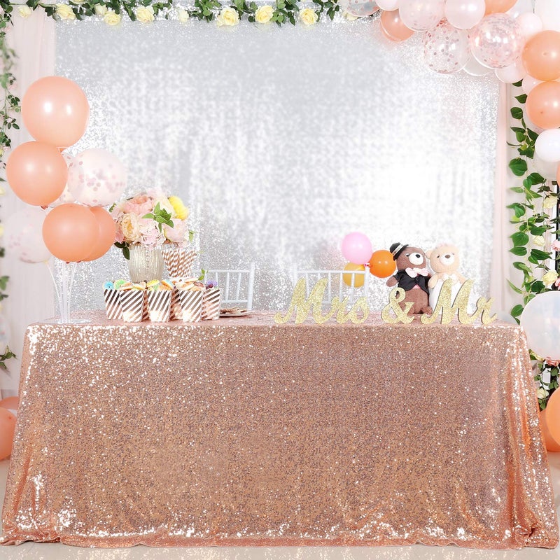 QueenDream Rose Gold Sequin Rectangle Tablecloth 90x132 Inch for Wedding Sweetheart Table Reception Birthday Party Cake Table Decoration