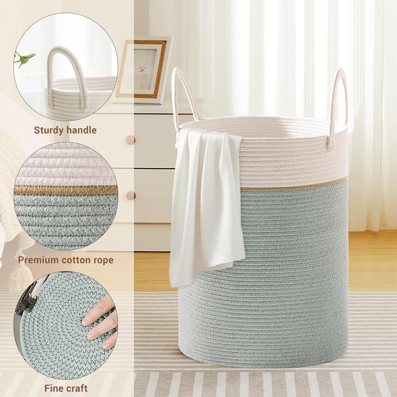 SunNewt Tall Laundry Basket with Handles, 72L Portable Dirty Clothes Hamper, Boho Cotton Rope Storage Bin for Blankets Kids Toys Gifts, Large Organizer for Baby Nursery Bedroom Bathroom, Sage Green - Image 3