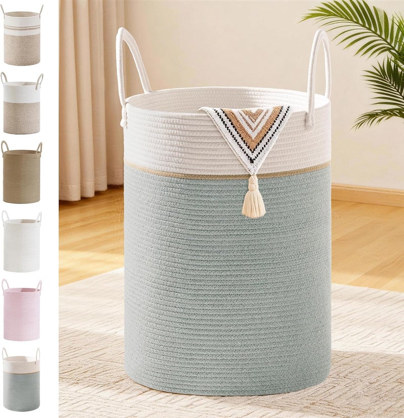 SunNewt Tall Laundry Basket with Handles, 72L Portable Dirty Clothes Hamper, Boho Cotton Rope Storage Bin for Blankets Kids Toys Gifts, Large Organizer for Baby Nursery Bedroom Bathroom, Sage Green - Image 1