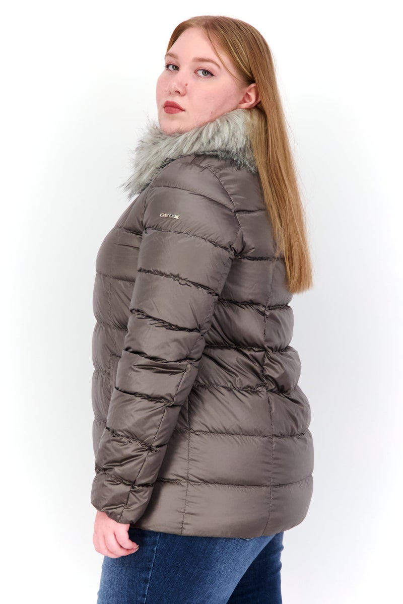 GEOX Women Faux Fur Puffer Jacket, Taupe - Image 4