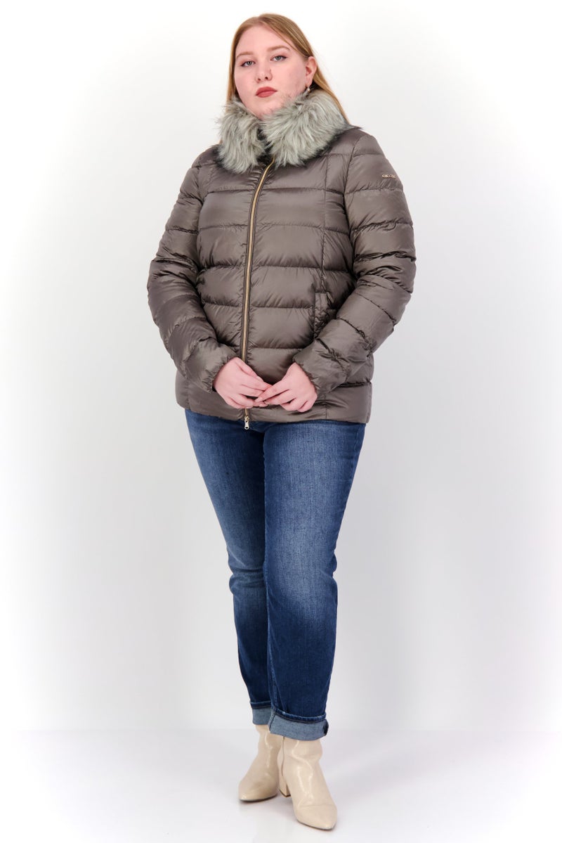GEOX Women Faux Fur Puffer Jacket, Taupe - Image 2
