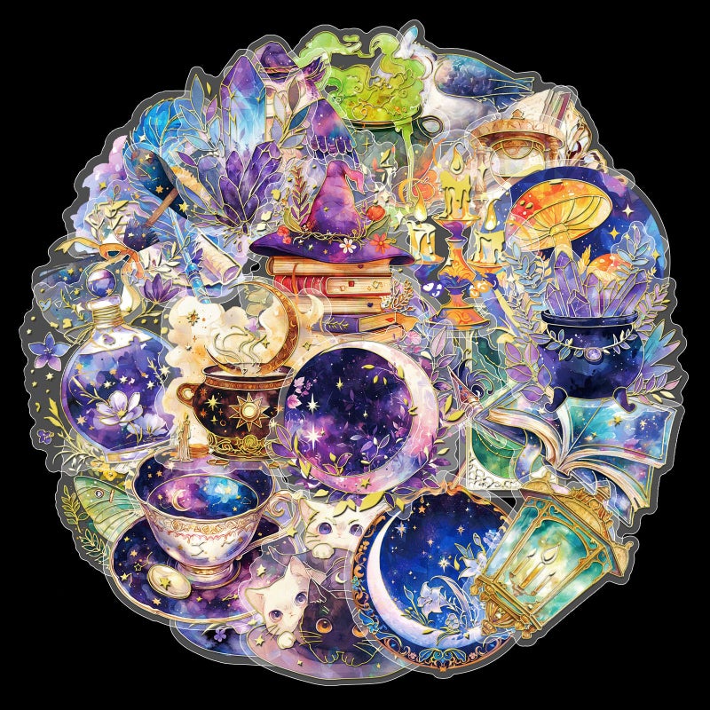 Holographic Gold Foil Witch Astrology Stickers 30Pcs Transparent Mysterious Witch Stuff Stickers for Scrapbook Journals Stationery Notebook