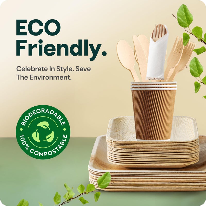 Koala love Palm Leaf Bamboo Plates & Pre-Rolled Bamboo Cutlery Party Set - 10 & 7'' Compostable Plates Elegant Pre-Rolled Utensils, Napkins , Cups for Weddings, Events, and Special Occasions For 30 Guests - Image 2