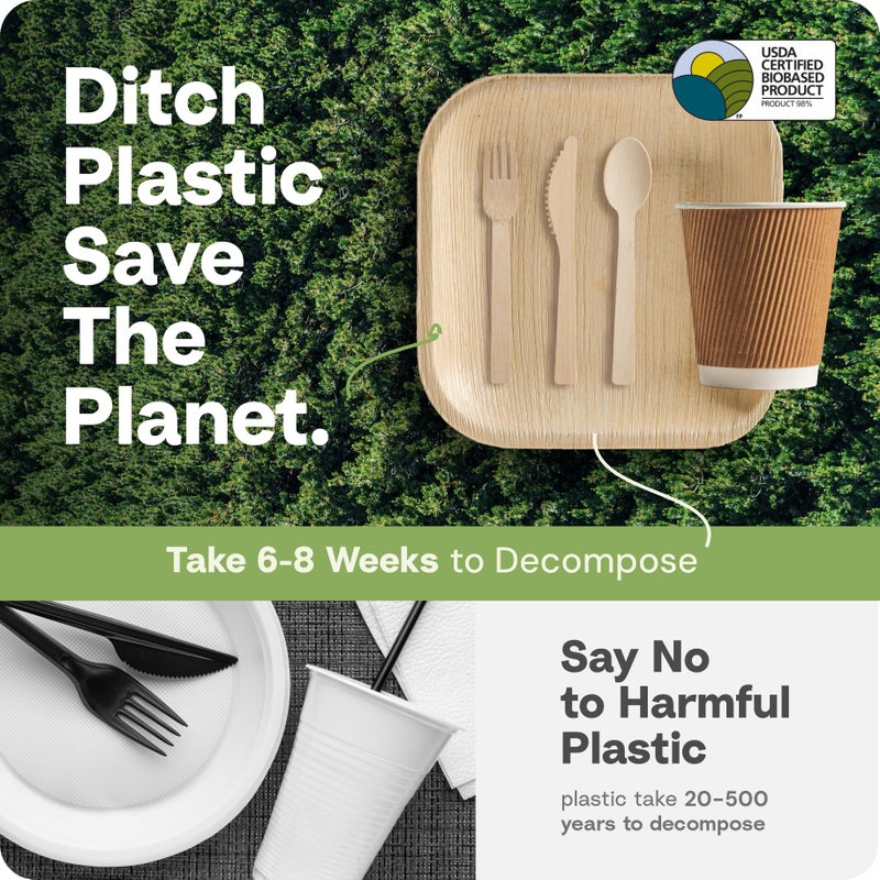 Koala love Palm Leaf Bamboo Plates & Pre-Rolled Bamboo Cutlery Party Set - 10 & 7'' Compostable Plates Elegant Pre-Rolled Utensils, Napkins , Cups for Weddings, Events, and Special Occasions For 30 Guests - Image 5