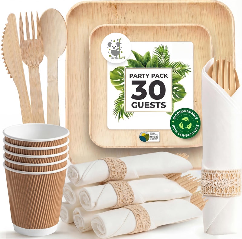 Koala love Palm Leaf Bamboo Plates & Pre-Rolled Bamboo Cutlery Party Set - 10 & 7'' Compostable Plates Elegant Pre-Rolled Utensils, Napkins , Cups for Weddings, Events, and Special Occasions For 30 Guests - Image 1