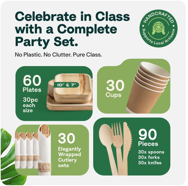Koala love Palm Leaf Bamboo Plates & Pre-Rolled Bamboo Cutlery Party Set - 10 & 7'' Compostable Plates Elegant Pre-Rolled Utensils, Napkins , Cups for Weddings, Events, and Special Occasions For 30 Guests - Image 3