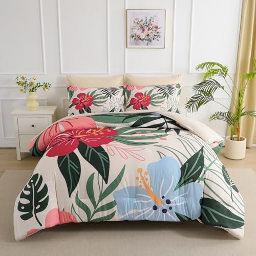 Yogeneg 7 Piece Bed in a Bag Queen Size Comforter Set Beige Bedding Set,Pink Floral Green Leaves Pattern Reversible Design,Soft Microfiber Comforter with Sheet Set,All Season(Beige,Queen) - Image 1