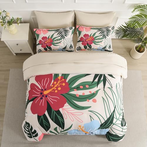 Yogeneg 7 Piece Bed in a Bag Queen Size Comforter Set Beige Bedding Set,Pink Floral Green Leaves Pattern Reversible Design,Soft Microfiber Comforter with Sheet Set,All Season(Beige,Queen) - Image 3