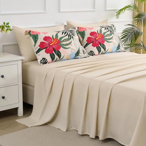 Yogeneg 7 Piece Bed in a Bag Queen Size Comforter Set Beige Bedding Set,Pink Floral Green Leaves Pattern Reversible Design,Soft Microfiber Comforter with Sheet Set,All Season(Beige,Queen) - Image 4