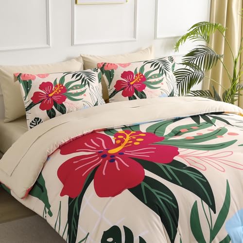 Yogeneg 7 Piece Bed in a Bag Queen Size Comforter Set Beige Bedding Set,Pink Floral Green Leaves Pattern Reversible Design,Soft Microfiber Comforter with Sheet Set,All Season(Beige,Queen) - Image 2