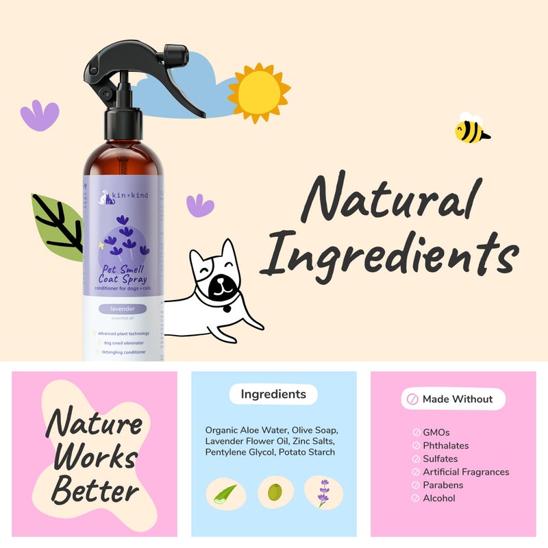 kin+kind Dog Deodorizing Spray - Safe, Natural, & Easy to Use Pet Odor Eliminator, Premium Cat/Dog Detangler Spray Formula Made w/Aloe, Dog Deodorizer for Smelly Dogs/Cats Made in The USA (12 fl oz) - Image 4