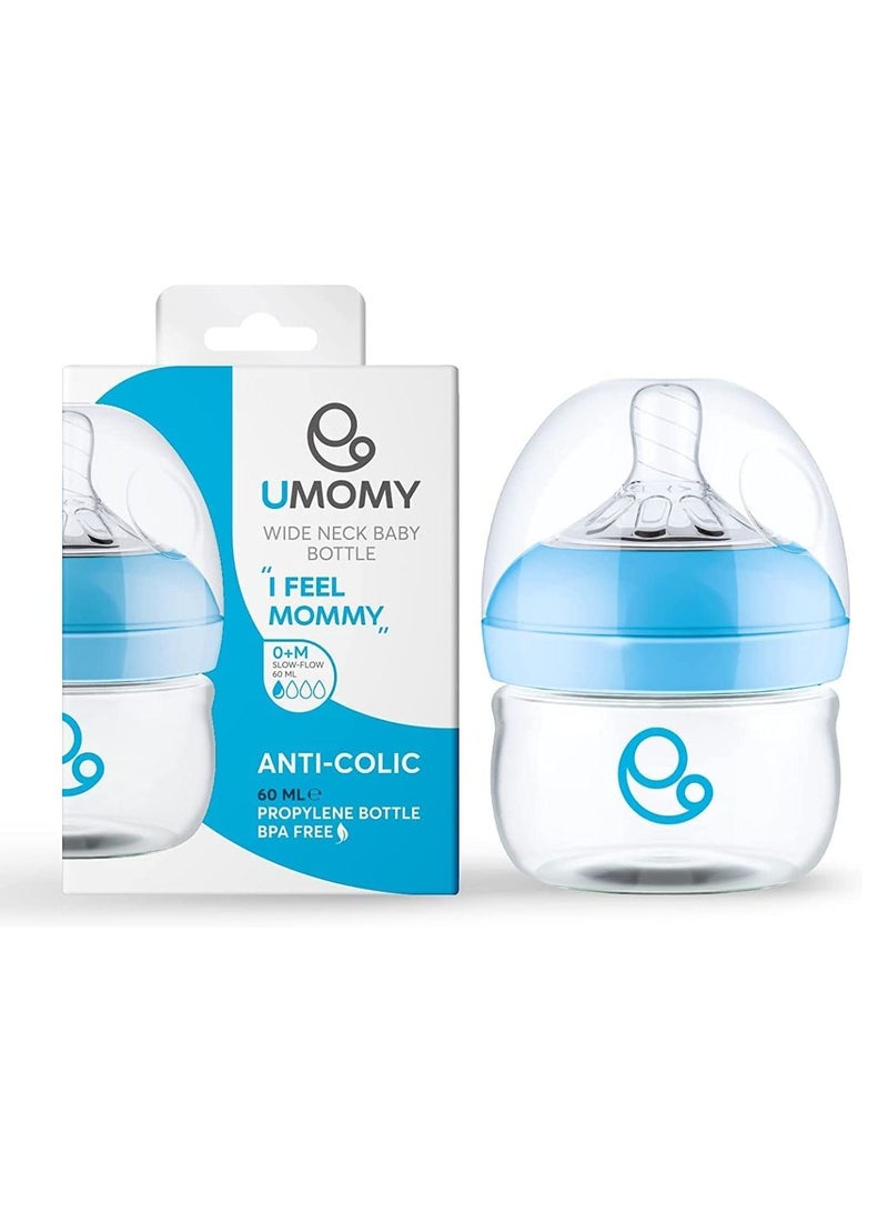 Umomy Newborn Baby Bottles, PP Anti-Colic Infant Bottles, Silicone Rubber Teat, Wide Neck Breast-Like Nipple, BPA Free Slow Flow, Blue, 60ml  - Image 1