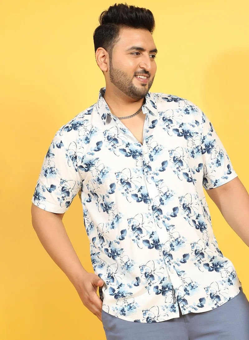 Instafab Plus Men's Blue & White Botanical Strokes Shirt For Casual Wear | Spread Collar | Short Sleeve | Button Closure | Heavy Rayon Shirts Crafted With Comfort Fit For Everyday Wear