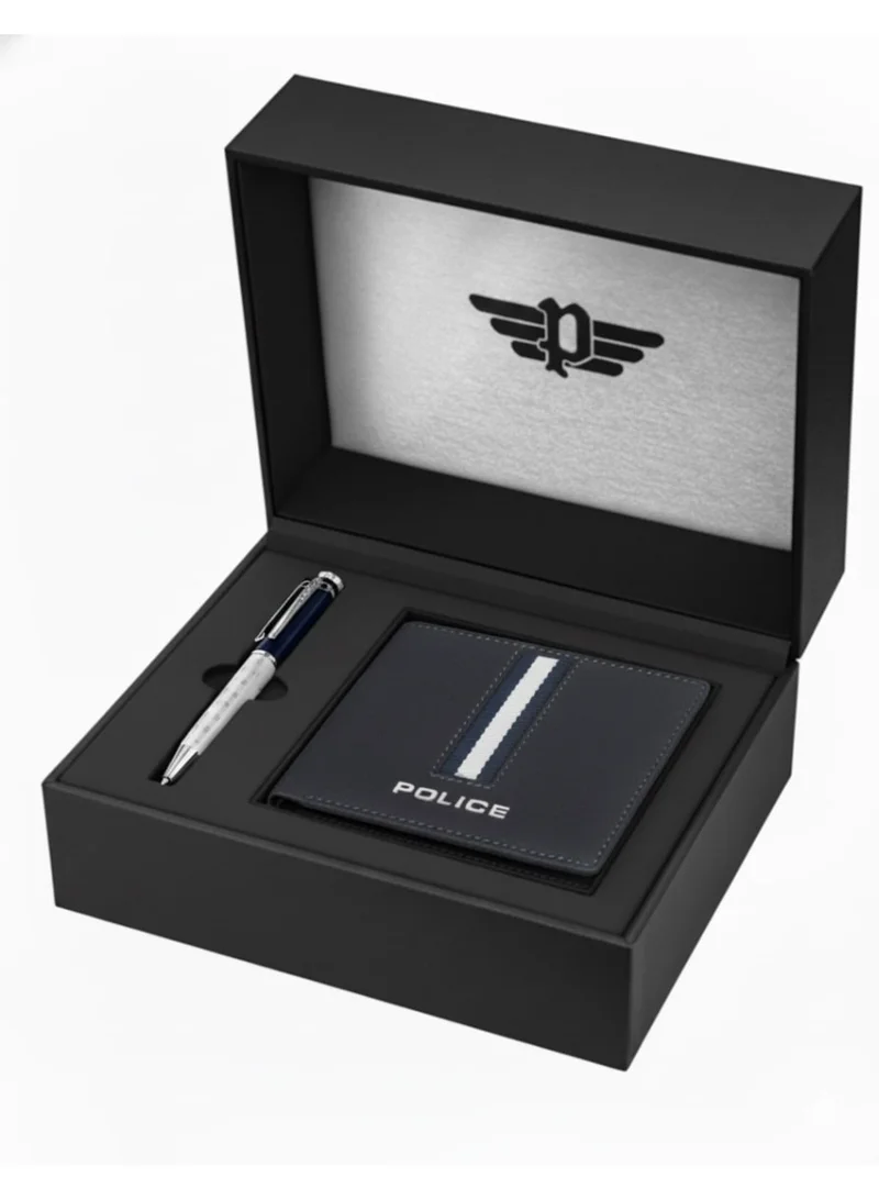 POLICE Men’s Gift Set with Blue Leather Bifold Wallet & Blue-Silver Stainless Steel Pen