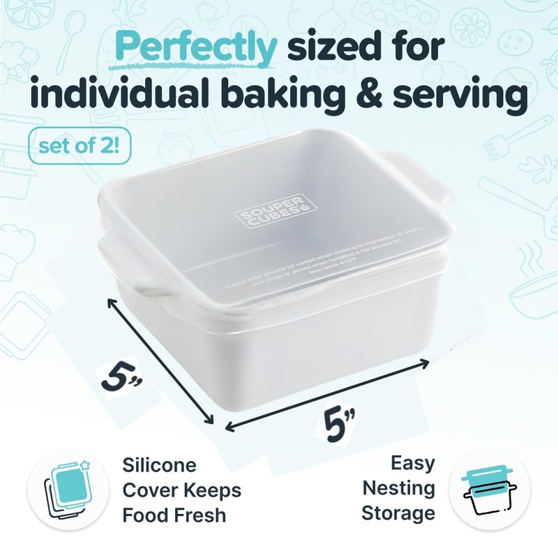 Souper Cubes Stoneware 2.0-5" x 5" Baking Dishes for Oven, Made in USA, Premium Mini Ceramic Baking Dishes with Silicone Covers for Individual Portions, Set of 2 - White - Image 2