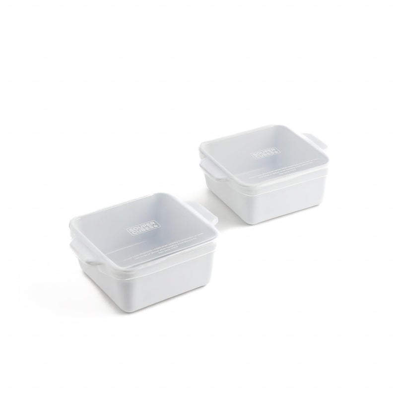 Souper Cubes Stoneware 2.0-5" x 5" Baking Dishes for Oven, Made in USA, Premium Mini Ceramic Baking Dishes with Silicone Covers for Individual Portions, Set of 2 - White - Image 1