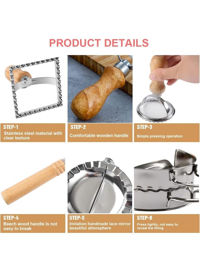 يُسلِّم رافيولي المعكرونة قطع عجلة مجموعة من 5,رافيولي صانع القطع مع عجلة الأسطوانة رافيولي قطع مجموعة مع مقبض خشبي,عجلة المعكرونة صانع الأدوات لصنع المعكرونة - Image 2