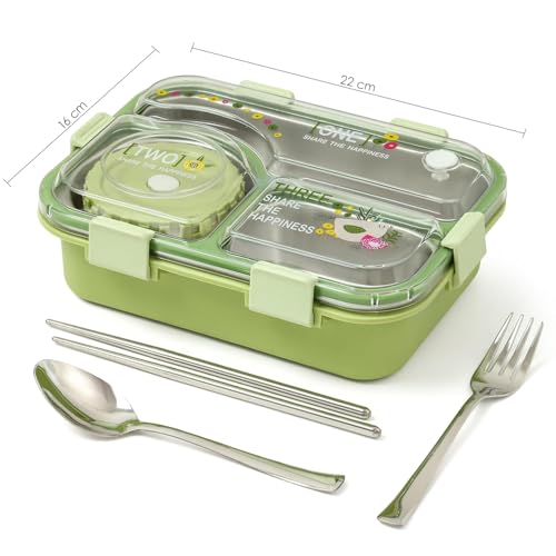 Brand Conquer Lunch Box 3 Compartment Leak-Proof BPA Free Stainless Steel for School, Lunch Box for School & Office with a Fork, a Spoon and a Pair of Chopsticks (Classic Green, Happiness Kawaii) - Image 3