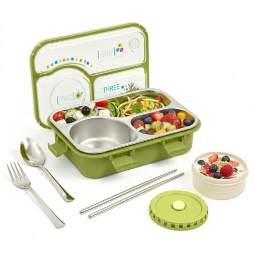 Brand Conquer Lunch Box 3 Compartment Leak-Proof BPA Free Stainless Steel for School, Lunch Box for School & Office with a Fork, a Spoon and a Pair of Chopsticks (Classic Green, Happiness Kawaii) - Image 1