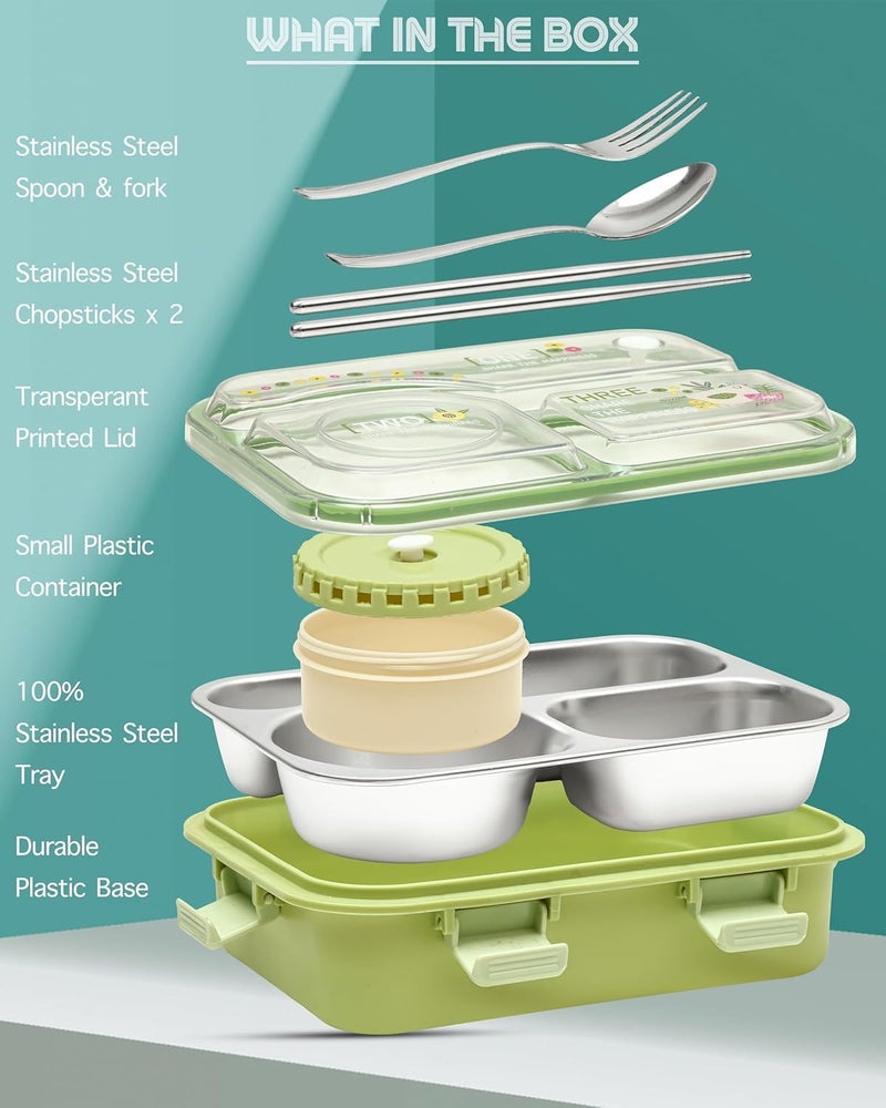 Brand Conquer Lunch Box 3 Compartment Leak-Proof BPA Free Stainless Steel for School, Lunch Box for School & Office with a Fork, a Spoon and a Pair of Chopsticks (Classic Green, Happiness Kawaii) - Image 4