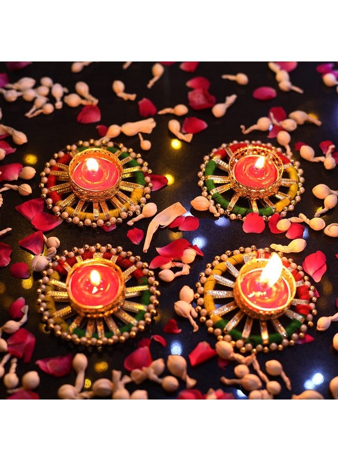 Kaameri Bazaar Set of 4 Metal Brass Diyas Decorated with Bangle, Beads and Ribbon for Diwali - Tealight Candle Holder with 4 tealights - Image 2