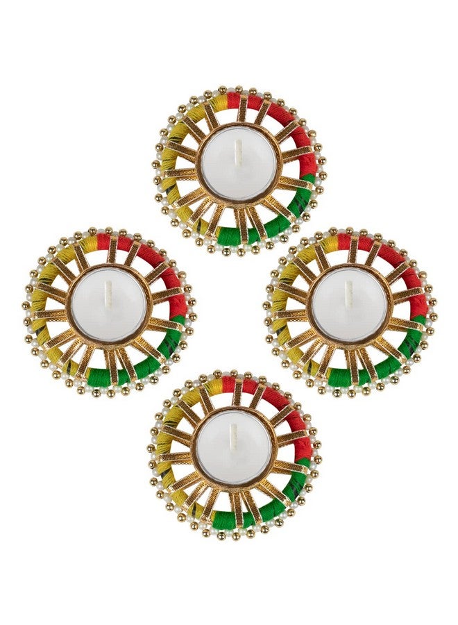Kaameri Bazaar Set of 4 Metal Brass Diyas Decorated with Bangle, Beads and Ribbon for Diwali - Tealight Candle Holder with 4 tealights - Image 1