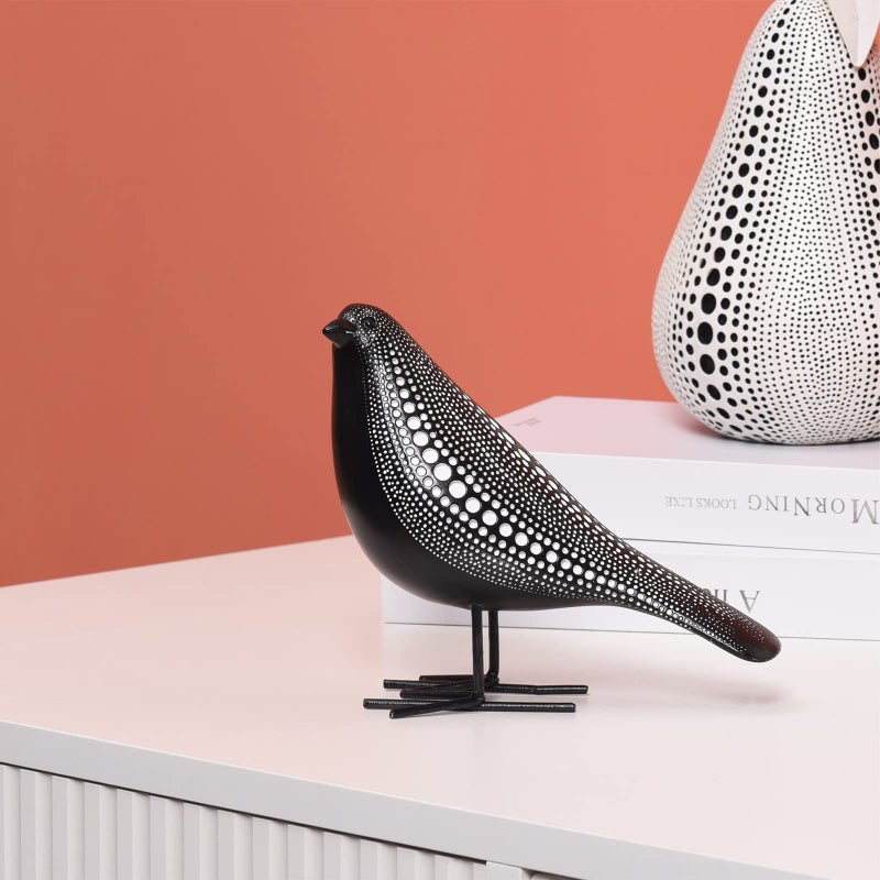 Quoowiit Sculptures Home Decor, Bird Figurine Shelf Decor, Modern Decorations for Living Room, Bedroom, Office, House, Resin Animal Statues and Figurine with Chic Polka Dots Art Design (Black) - Image 3