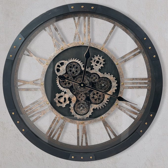 24 LARGE WALL CLOCK WITH MOVING GEARSOVERSIZE VINTAGE INDUSTRIAL RUSTIC FARMHOUSE CLOCKS FOR LIVING ROOM DECOR OFFICE HOMESOLID WOOD HD TEMPERED GLASS COVERVINTAGE BLACK