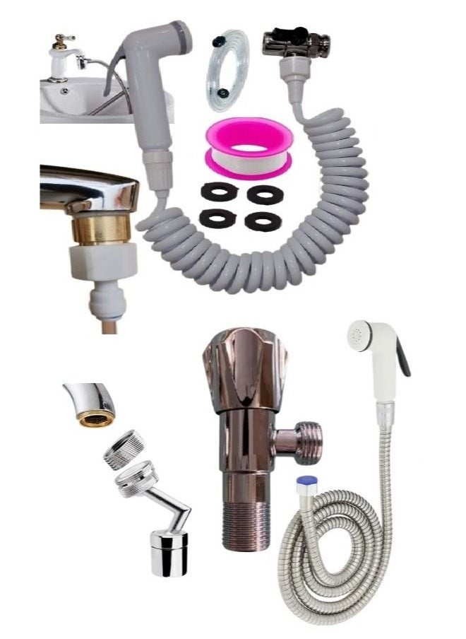 100% Professional choice Shattaf bathroom consisting of a zigzag hose, an adapter, an additional hose of 3 meters, two handles, an inverted corner filter, and one angle valve 