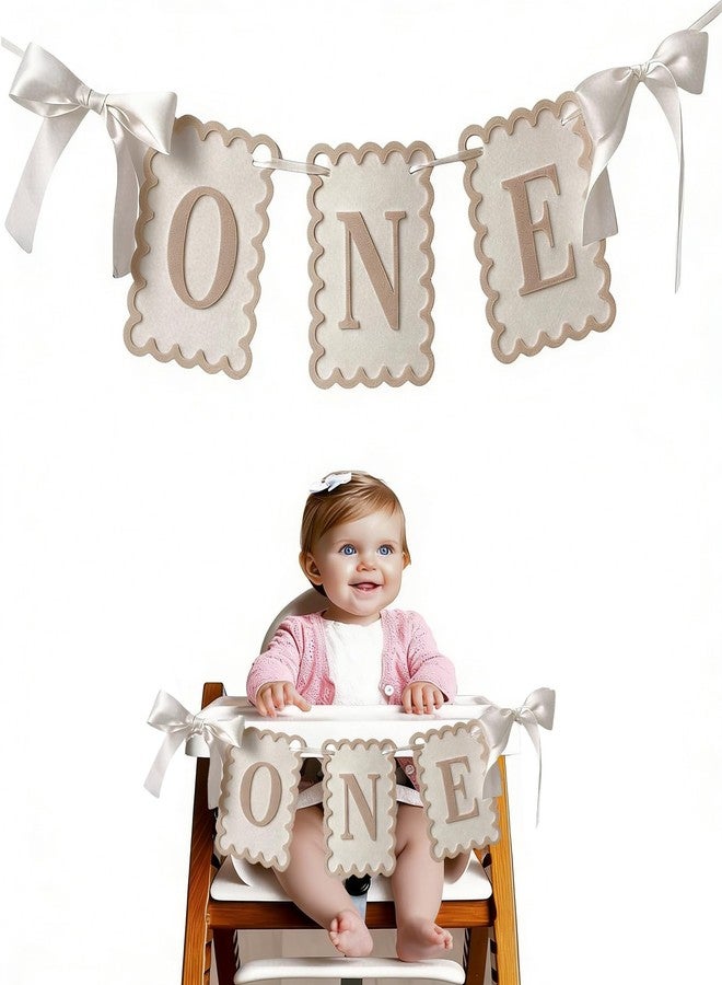 Moonlik One High Chair Banner - Bow 1st Birthday Banner Baby Girl Fairy First Birthday Party Decorations Non-Toxic Fabric with Double Satin Bows (Light brown) - Image 1