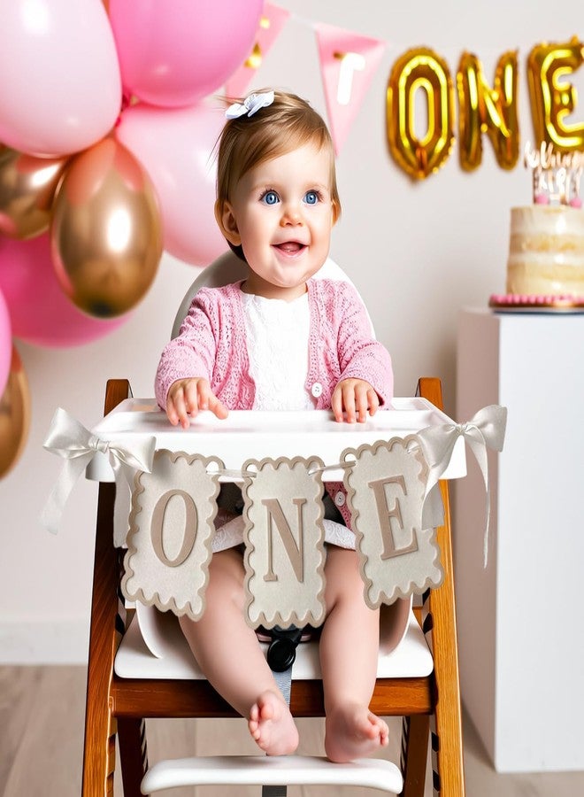 Moonlik One High Chair Banner - Bow 1st Birthday Banner Baby Girl Fairy First Birthday Party Decorations Non-Toxic Fabric with Double Satin Bows (Light brown) - Image 2