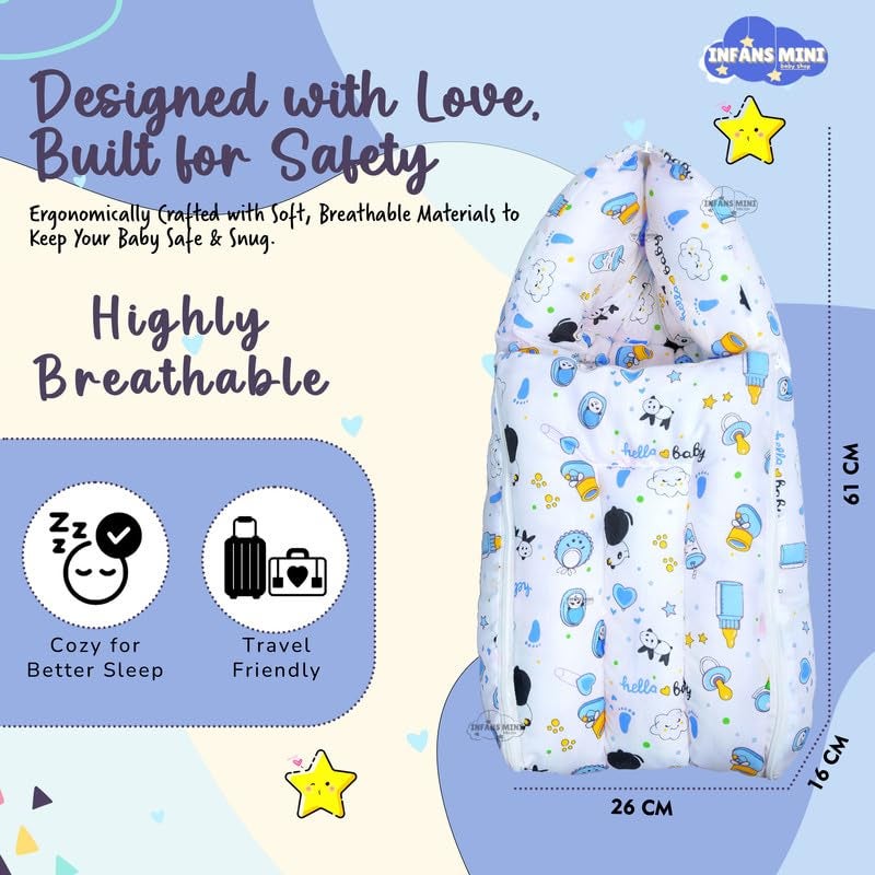 Infans Mini Baby Bedding Set, 3 Pcs Cotton Sleeping Essential|Baby Sleeping Bag|Mother Nursing Feeding Pillow|Mosquito Net Bed for 0-6 Months (Panda Blue) - Image 3