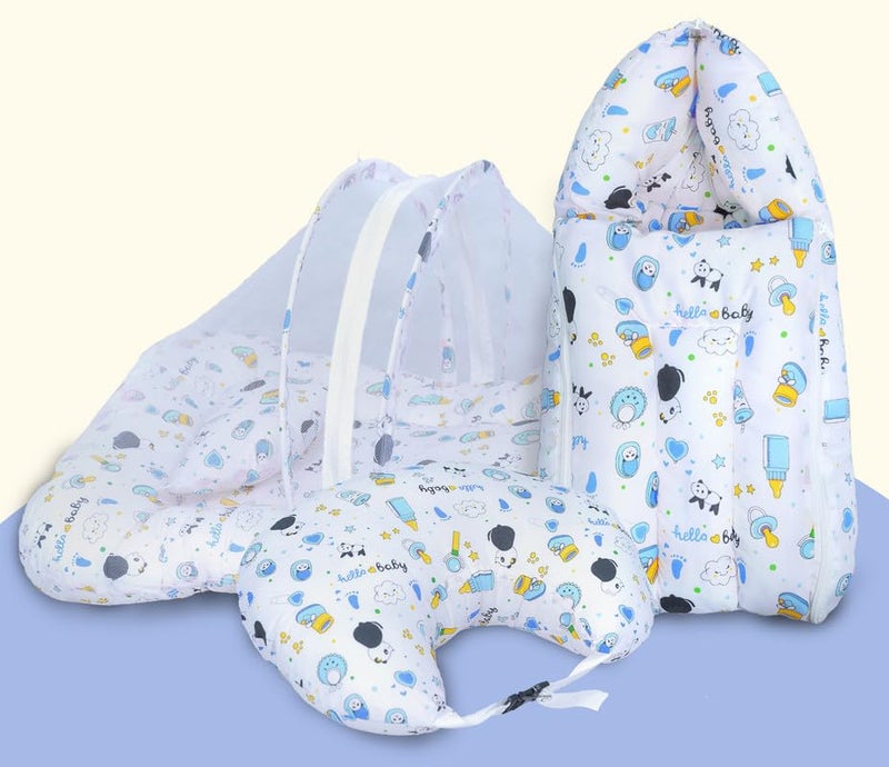 Infans Mini Baby Bedding Set, 3 Pcs Cotton Sleeping Essential|Baby Sleeping Bag|Mother Nursing Feeding Pillow|Mosquito Net Bed for 0-6 Months (Panda Blue) - Image 1