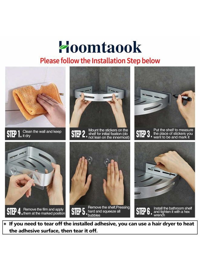 Hoomtaook Corner Caddy Bathroom Shower Shelf Wall Mounted No Drilling 2 Tier Storage Shelves Adhesive Triangle Baskets Silver Bathroom Kitchen Storage Basket - Image 4
