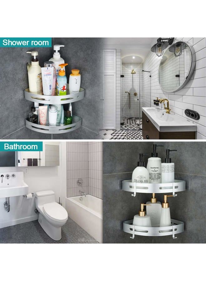 Hoomtaook Corner Caddy Bathroom Shower Shelf Wall Mounted No Drilling 2 Tier Storage Shelves Adhesive Triangle Baskets Silver Bathroom Kitchen Storage Basket - Image 3