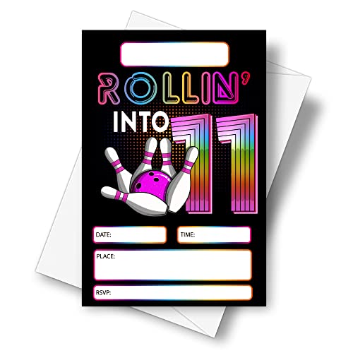 DETIHO 4" x 6" Bowling 11th Birthday Party Invitation Cards With Envelopes - Rolling Into 11 - Retro Bowling Party Invitation - 20 Sets - E63 - Image 1