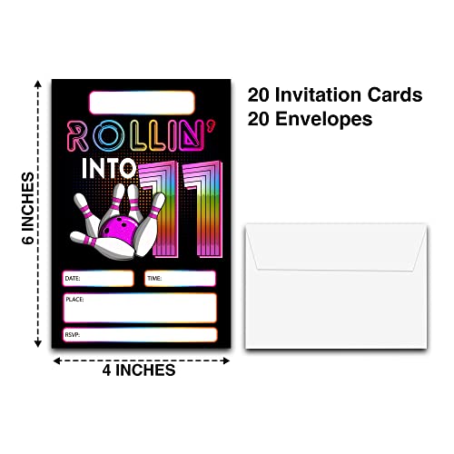 DETIHO 4" x 6" Bowling 11th Birthday Party Invitation Cards With Envelopes - Rolling Into 11 - Retro Bowling Party Invitation - 20 Sets - E63 - Image 2