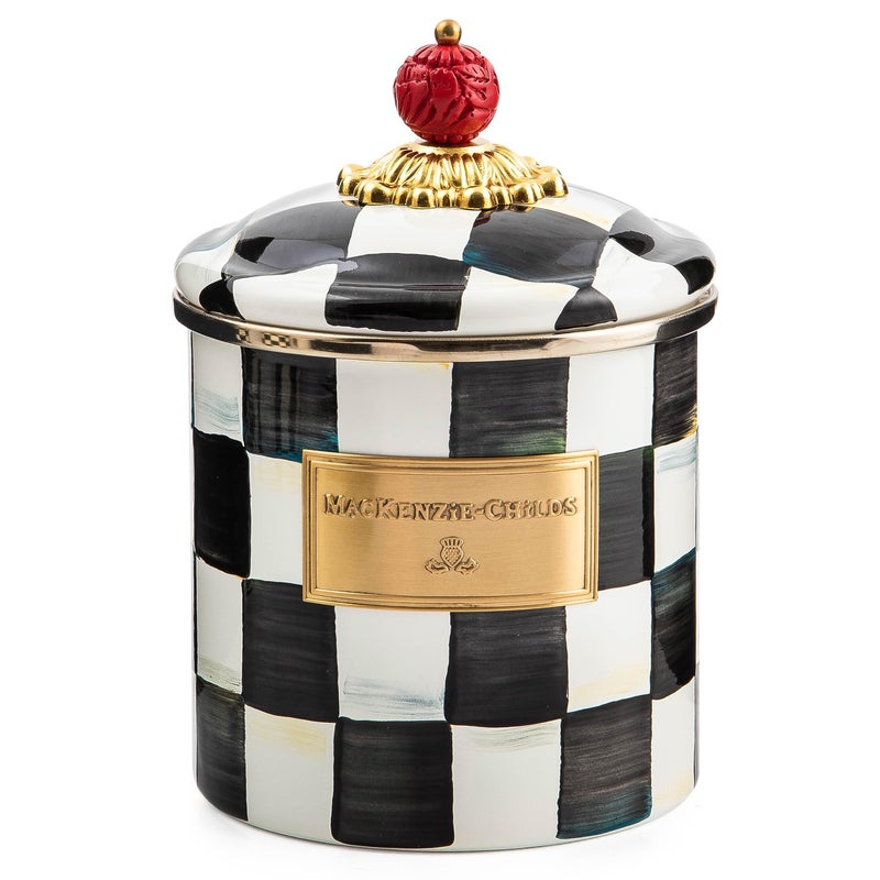 mackenzie childs MACKENZIE-CHILDS Small Enamel Canister, Kitchen Storage Container for Flour and Sugar, 1.13 Liters, Black-and-White Courtly Check - Image 1