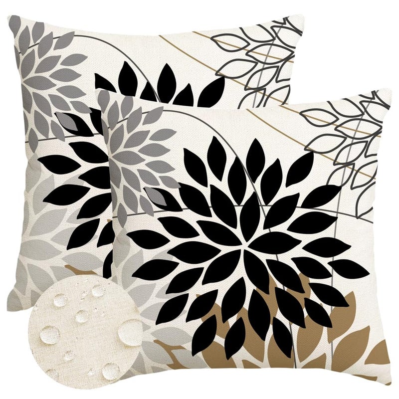 RABUSOFA Outdoor Pillow Covers Waterproof 18x18 Inch Set of 2,Floral Black and White Square Cushion Case Decoration for Patio Furniture Garden Couch Tan Brown - Image 1