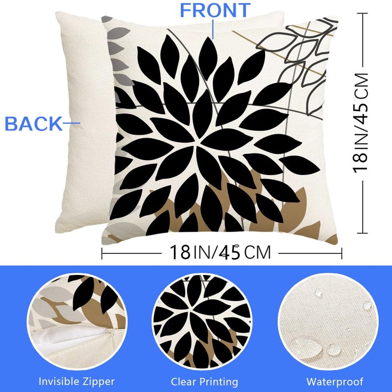 RABUSOFA Outdoor Pillow Covers Waterproof 18x18 Inch Set of 2,Floral Black and White Square Cushion Case Decoration for Patio Furniture Garden Couch Tan Brown - Image 3