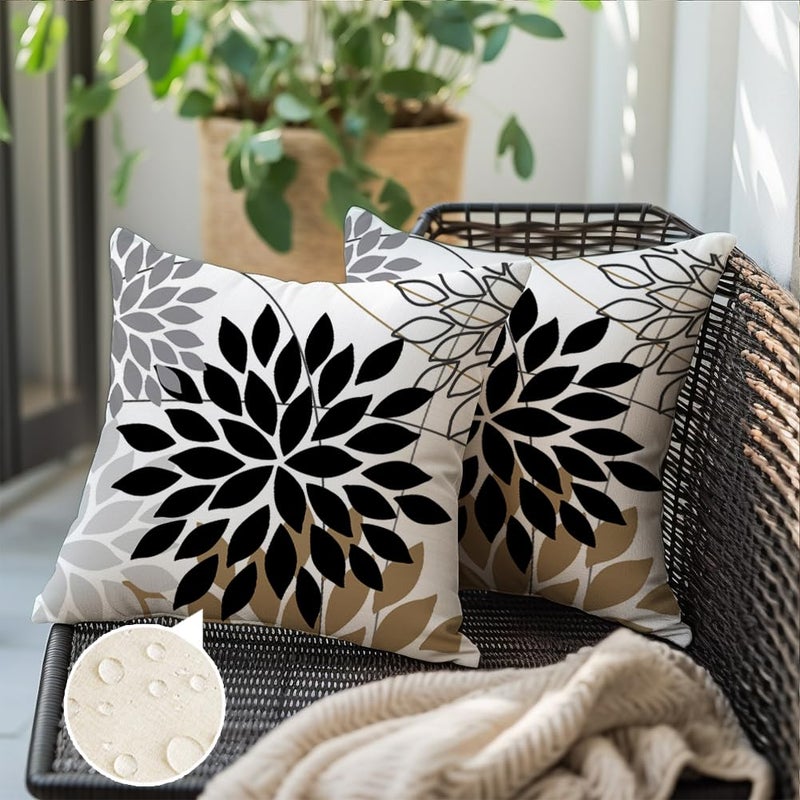 RABUSOFA Outdoor Pillow Covers Waterproof 18x18 Inch Set of 2,Floral Black and White Square Cushion Case Decoration for Patio Furniture Garden Couch Tan Brown - Image 2