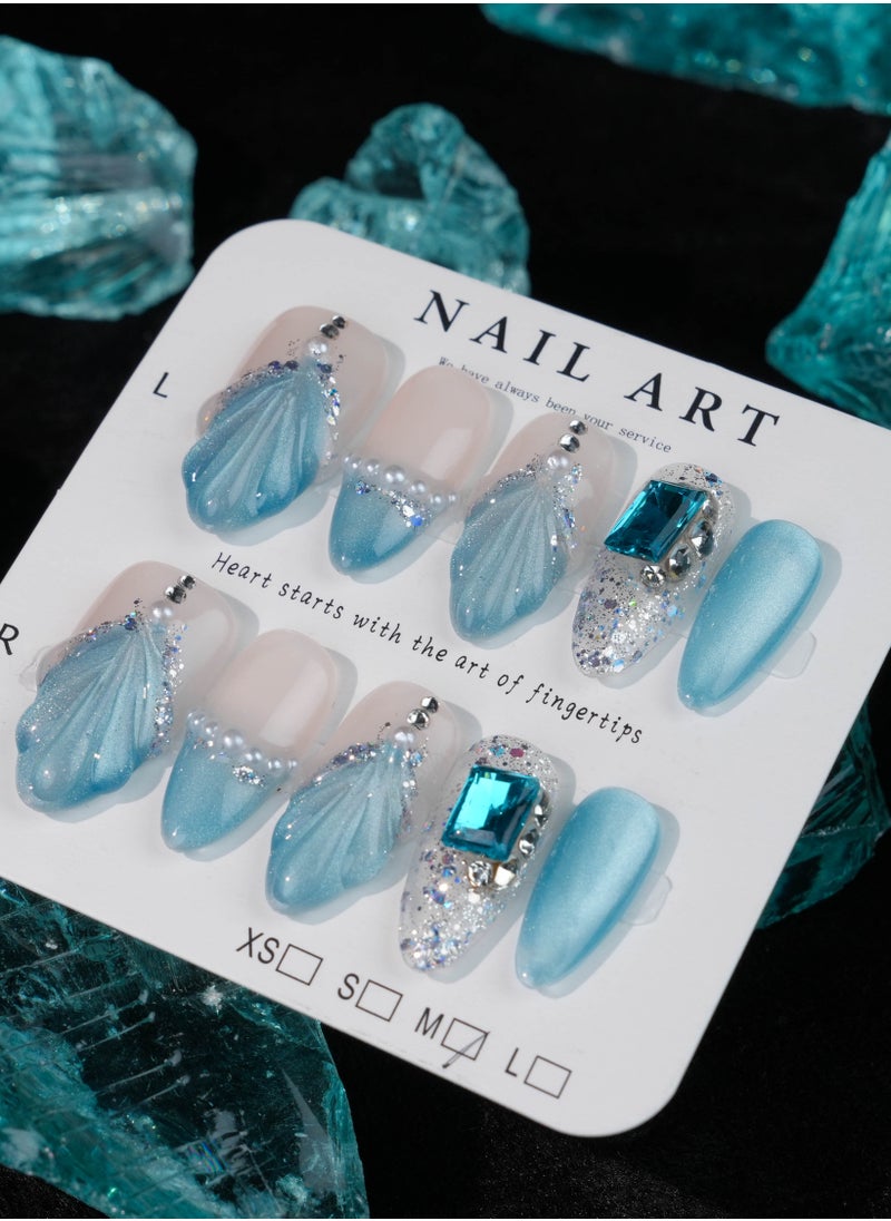 SC Nails Elegant Ocean-Themed Press-On Nails – Blue Shell Design with Glitter and Rhinestone Accents  - Image 1