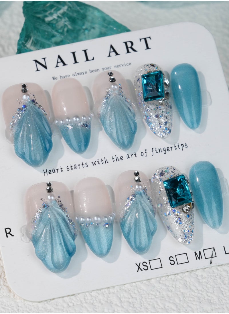 SC Nails Elegant Ocean-Themed Press-On Nails – Blue Shell Design with Glitter and Rhinestone Accents  - Image 2