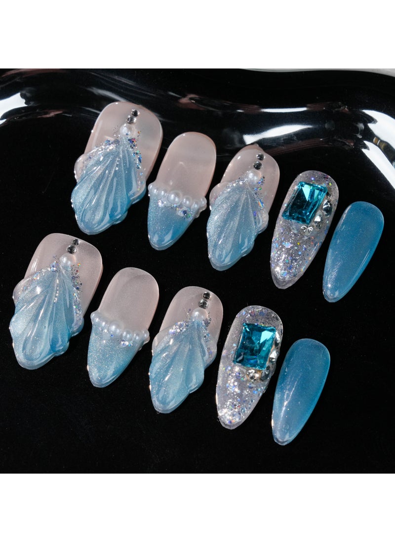 SC Nails Elegant Ocean-Themed Press-On Nails – Blue Shell Design with Glitter and Rhinestone Accents  - Image 3