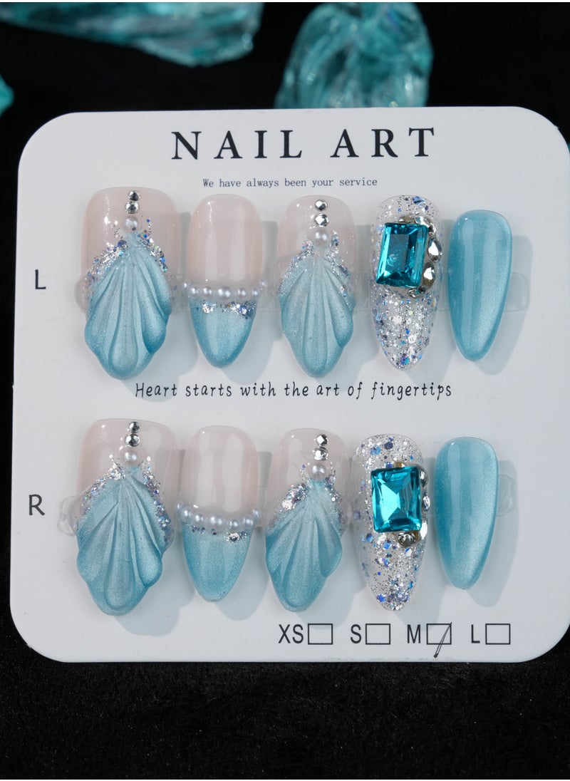 SC Nails Elegant Ocean-Themed Press-On Nails – Blue Shell Design with Glitter and Rhinestone Accents  - Image 4