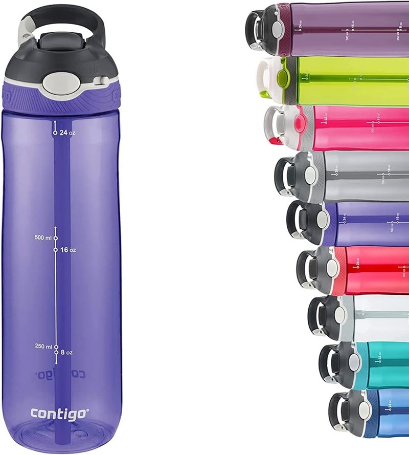 زجاجة مياه Contigo Ashland Autospout مع قشة قابلة للطي، زجاجة شرب كبيرة خالية من مادة BPA، زجاجة رياضية مقاومة للتسرب، مثالية للرياضة، ركوب الدراجة، الجري، التنزه، سعة 720 مل، منتج Grapevine